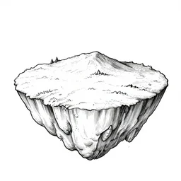 black and white single - line drawing of floating island with a large acacia tree and a spacecraft crash - landed next to the tree