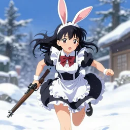 portrait of anime bunny girl senpai wearing maid bunny dress with rifle in hands running winter by greg rutkowski, key visual, kyoto animation, makoto shinkai, studio ghibli pixiv, sharp, detailed, high quality, award winning trending on artstation super detailed face sparkling eyes fingers
