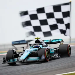 mercedes formula 1 car 2 0 2 2 driving fast past checkered flag