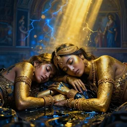 two asian girls sleeping, liquid golden and black fluid, magic hour, dramatic light, liquid painting, golden bodypaint, yellow and blue lightning, world best photography, indian patterns, bokeh, golden jewelry filigree, body detaily, ornaments, fresco by michaelangelo, golden rays, god rays, epic cinematic wallpaper, cold color palette, cold colors, sad mood