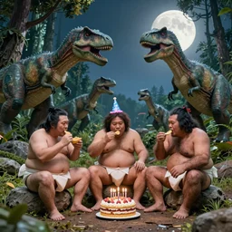 photo, three hairy neanderthal people, sumo japanese, eating outside, surrounded by dinosaurs!, gigantic forest trees, sitting on rocks, bright moon, birthday cake on the ground, birthday cap, front view