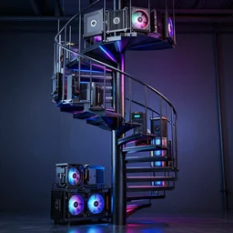 a spiral staircase made out of pc cooling equipment in an rgb backlit environment, high detailed