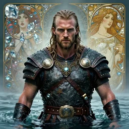 portrait of a masculine viking man wearing a warrior armor, drenched body, wet dripping hair, emerging from the water, fantasy, regal, fractal crystal, fractal gems, by stanley artgerm lau, greg rutkowski, thomas kindkade, alphonse mucha, loish, norman rockwell.