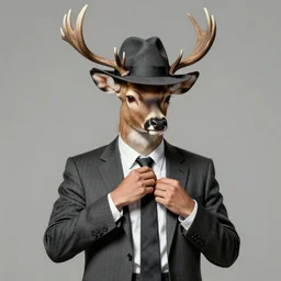 a upper body portrait of a deer in a pinstriped suit and pants wearing a fedora with the antlers sticking out of the fedora adjusting his tie by artgerm and wlop, intricate detail, digital art, photorealistic, trending on artstation