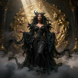 photoshoot of tinashe as mysterious dark goddess of death, realism, clouds, swirling fabric, elaborate ornate growth, gilded relief, volumetric lighting, light shafts, ambient light, trending on artstation, by alessio albi