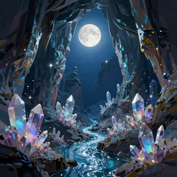 concept art by jama jurabaev, cel shaded, cinematic shot, trending on artstation, high quality, brush stroke, vibrant colors, crystal caves under the moonlight, starlight spots of streams, floating crystals