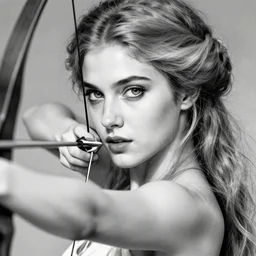 beautiful young aphrodite goddess, archer, realistic face, beautiful piercing eyes, black and white drawing, in the style of greg rutkowski, fantasy, amazing detail, epic, intricate, elegant, smooth, sharp focus