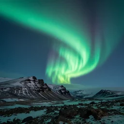 beautiful mountain landscape of iceland at night with the majestic aurora borealis , art, high detail, high definition, photorealistic, hdr,