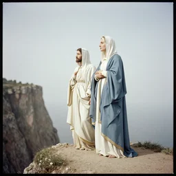 a unique old analog color photo of mary magdalene and jesus standing on a cliff looking over a beautiful landscape in france, rennes - le - chateau, award winning photo, very detailed, cinematic