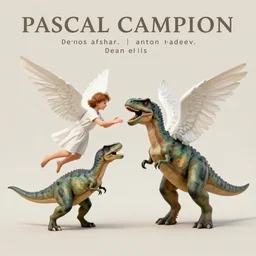 an angel fighting dinosaurs. advertising poster, limited neutral palette, by pascal campion, petros afshar, anton fadeev, dean ellis, randolph stanley hewton, beautiful graphic, propaganda poster art 1 9 7 0 s illustrated advertising art, painterly design