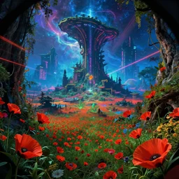 reclaimed by nature by mike winkelmann, thermal vision laser fisheye magic realism retrowave thermal imaging synthwave assassin's creed cgsociety dramatic lighting wilderness elysian galactic liberty city poppy rainforest cosmic nature architecture island neon noir cyberpunk alien tron, archdaily, wallpaper, highly detailed, trending on artstation.