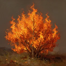 illustration of a flaming bush, realistic painting, classical painting, high definition, digital art, matte painting, very detailed, realistic