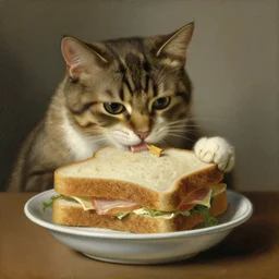 a painting of a cat eating a big sandwich from a bowl, by Rembrandt. Cat eating sandwich. Cat has food mouth.
