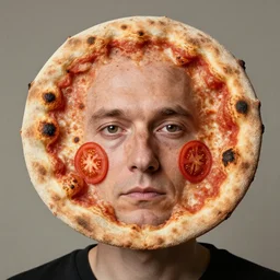 portrait of man with facial deformity making the head a flat and circular disc, looking like a neapolitan pizza, uneven skin with baked crust appearance, large freckles like burnt spots, cheeks look like tomato slices, muted colors, soft lighting, sharp focus, neutral background, masterpiece, photo by jimmy nelson, giger, morten krogvold