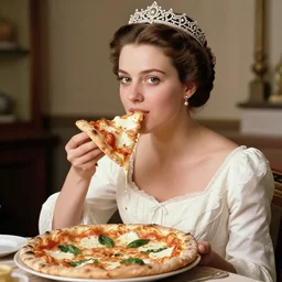 a historical photo of young beautiful queen margherita of italy, eating a pizza margherita with her hands, intricate detailed tiara, pearl necklace, hand colored black and white photo, smooth lighting, masterpiece, perfect symmetry