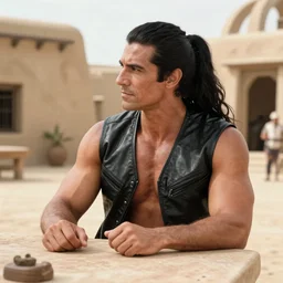 muscular man sitting at table on tatooine, wearing a black black black leather vest vest vest, no shirt, shirtless, long long black black hair in a ponytail ponytail