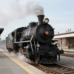 a steam locomotive stops in the station of a western city