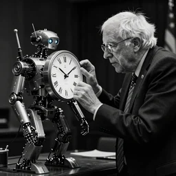 bernie sanders putting the finishing touches on a magical clockwork doomsday robot, black and white photo, cinematic moody lighting