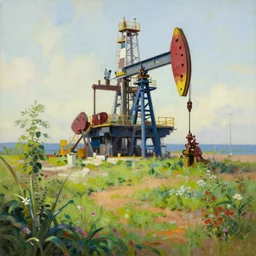a garden on an oilrig, oil painting