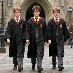 The Harry Potter trio (Harry, Ron, Hermione) walk toward the camera like the scene from Ocean's Eleven, film still from Ocean's Eleven (2001), cinematic, high quality, detailed
