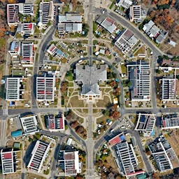 low drone shot of a ranch style School campus in the middle of the Woods during autumn