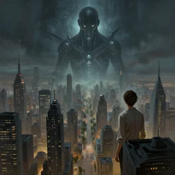 great city being watched over by an all-seeing malevolent AI, a sci-fi digital painting by Greg Rutkowski and James Gurney, trending on Artstation, eerily beautiful, highly detailed