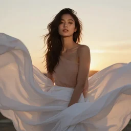 portrait of a stunningly beautiful female surrounded by flowing cotton sheets at sunset, fashion photoshoot, by edward robert hughes, annie leibovitz and steve mccurry, david lazar, jimmy nelsson, breathtaking, 8 k resolution, extremely detailed, beautiful, establishing shot, artistic, hyperrealistic, beautiful face, octane render