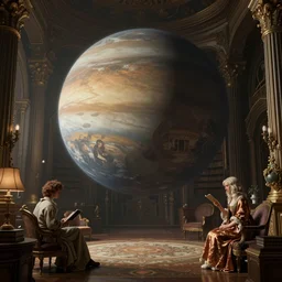 library in the style of baroque, a giant planet is floating in the airunreal engine, in the style of greg rutkowski and alphonse mucha, global illumination, detailed and intricate environment, mysterious, comfort, in the style of aetherpunk