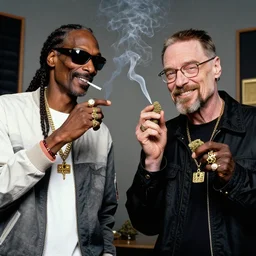 snoop dogg and walter white smoking weed and laughing in the studio, walter white, snoop dogg, smoking weed, studio, photorealistic