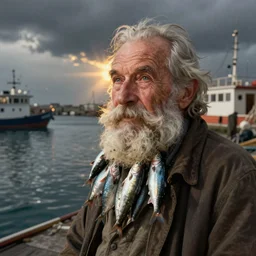 old man with a beard full of fish, harbour background, lowbrow surrealistic, in the style of mark ryden,