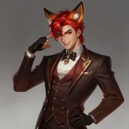 a highly detailed illustration of attractive red haired man with fox ears wearing bartender suit, dramatic smiling pose, intricate, elegant, highly detailed, centered, digital painting, artstation, concept art, smooth, sharp focus, league of legends concept art, wlop