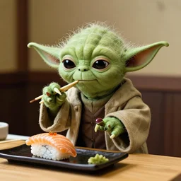 a photo of Yoda eating sushi alone