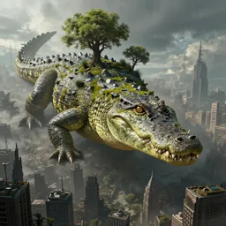 a giant crocodile covered in moss with trees on its back approaching a city, dark souls inspired, elden ring inspired, octane render, rtx, unreal engine 5, digital painting, trending on artstation, highly detailed, epic composition, 8 k uhd