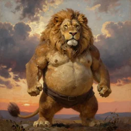 oversized anthropomorphic lion fighter , very textured detailed oil painting panoramic portrait by rembrandt, backlight, dramatic clouds ,sunset
