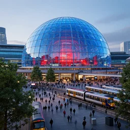 outside view of futuristic london and giant blue glass dome train station with red lights, crowded square, trains, trees, volumetric light, hyperdetailed, artstation, cgsociety, 8 k