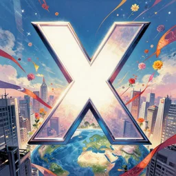 an epic comic book style painting of the uppercase letter x towering over the world, the letter x, giant font, lettering, future tokyo cityscape with ribbons, architectural, the most beautiful flowers launched across the sky, banners and ribbons, trending on artstation, dynamic lighting