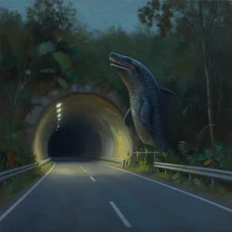 a beautiful landscape painting, a single lane tunnel with overhead lights, a water monster stands in the shadows, by sam guay, moody lighting, hyperrealism, 4 k, octane render