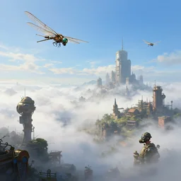 landscape painting of steampunk city with thick fog. from a distance seen a man wearing a gas mask on his face, two mechanical dragon flies in the sky. high detail, fine art, trending on artstation, smooth draw, sharp focus, digital art, bright colors, no anomalies, cool style.