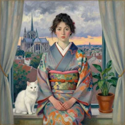 portrait of woman in colourful kimono, white cat and house plant with city with gothic cathedral seen from a window frame with curtains. cloudy sunset. bonnard, henri de toulouse - lautrec, rene magritte, utamaro, matisse, monet
