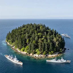 landscape Photograph of a forested island surrounded by ocean with several WWI destroyers sailing past nearby.