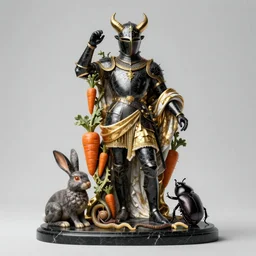 portrait, war, knight, rabbit, horns, wide angle, italian masterpiece, Ashford Black Marble, sculpture, baroque,  draped with orange carrot and vines and spines, marble and gold, drapes, white details, beetle, still life, Obsidian, portrait, rabbit, snails vs worms, render, artstation, ultra detailed