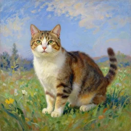 A painting of a cat under the sky in a field, by [Leonardo da Vinci, Ross Tran, Claude Monet], cgsociety, Trending on Artstation