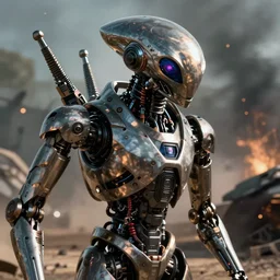VFX movie of a futuristic alien robot closeup in war zone, natural lighting by Emmanuel Lubezki