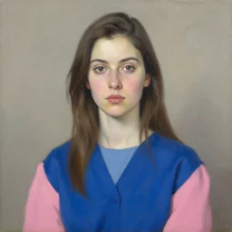 portrait of a woman dressed in blue and pink, by howard david johnson.