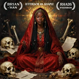 a female dnd wizard's portrait by brian patterson and rhads, black skin, african, ethiopian, red robes, necromancer, bones, skulls, papers and tomes