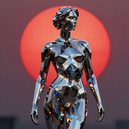 realistic 8k Vera Mukhina Sculpture of random jagged reflective metal pieces forming the shape of a person silhouetted by a bright red sun, volumetric god rays, glinting metal, neon colors, cyberpunk, smooth, sharp focus, 24mm lens, DOF, hyper realistic, art by Greg Rutkowski and Ruan Jia and Giger