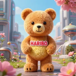 portrait of haribo bear in future city, color and shape focus, central composition, natural light, bloom, puff, by simon stalenhag and rene magritte a