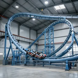 photo of a giant rollercoaster inside an industrial hall