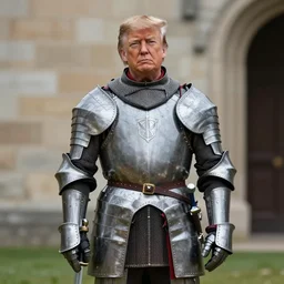 a photo of donald trump dressed as a medieval knight. he's holding a longsword. medium shot portrait. dslr photography