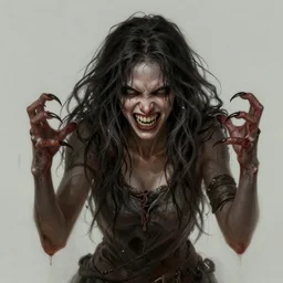malicious woman dressed in rags, long messy hair, claws, sharp teeth, angry, evil, dangerous, medium shot, highly detailed, digital painting, artstation, concept art, sharp focus, beautiful face, expressive eyes, illustration, 1 2 3 4, art by artgerm and mark brooks and luis royo